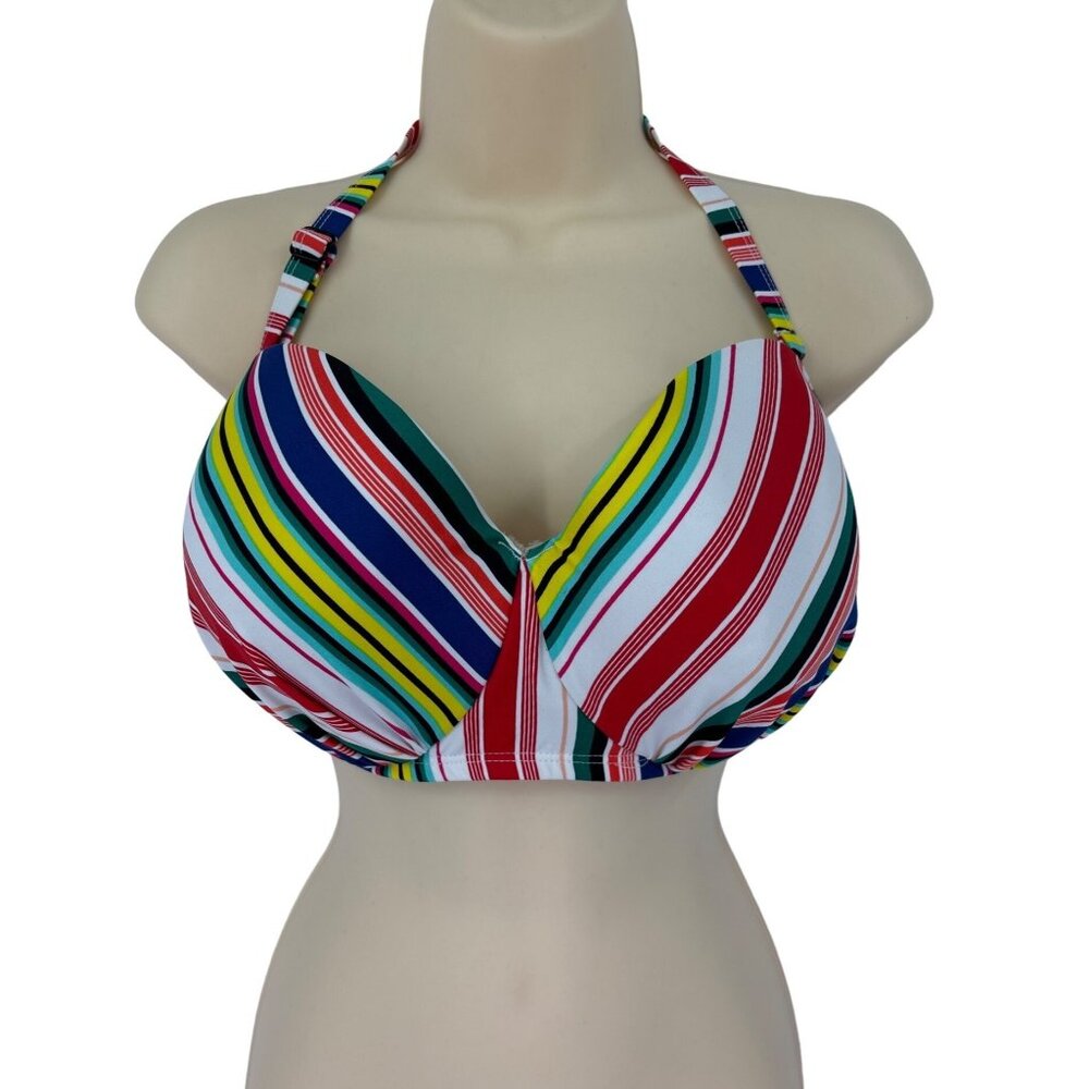 Cacique Swim One Piece Halter Bikini Top Striped Tie Back Size 46C